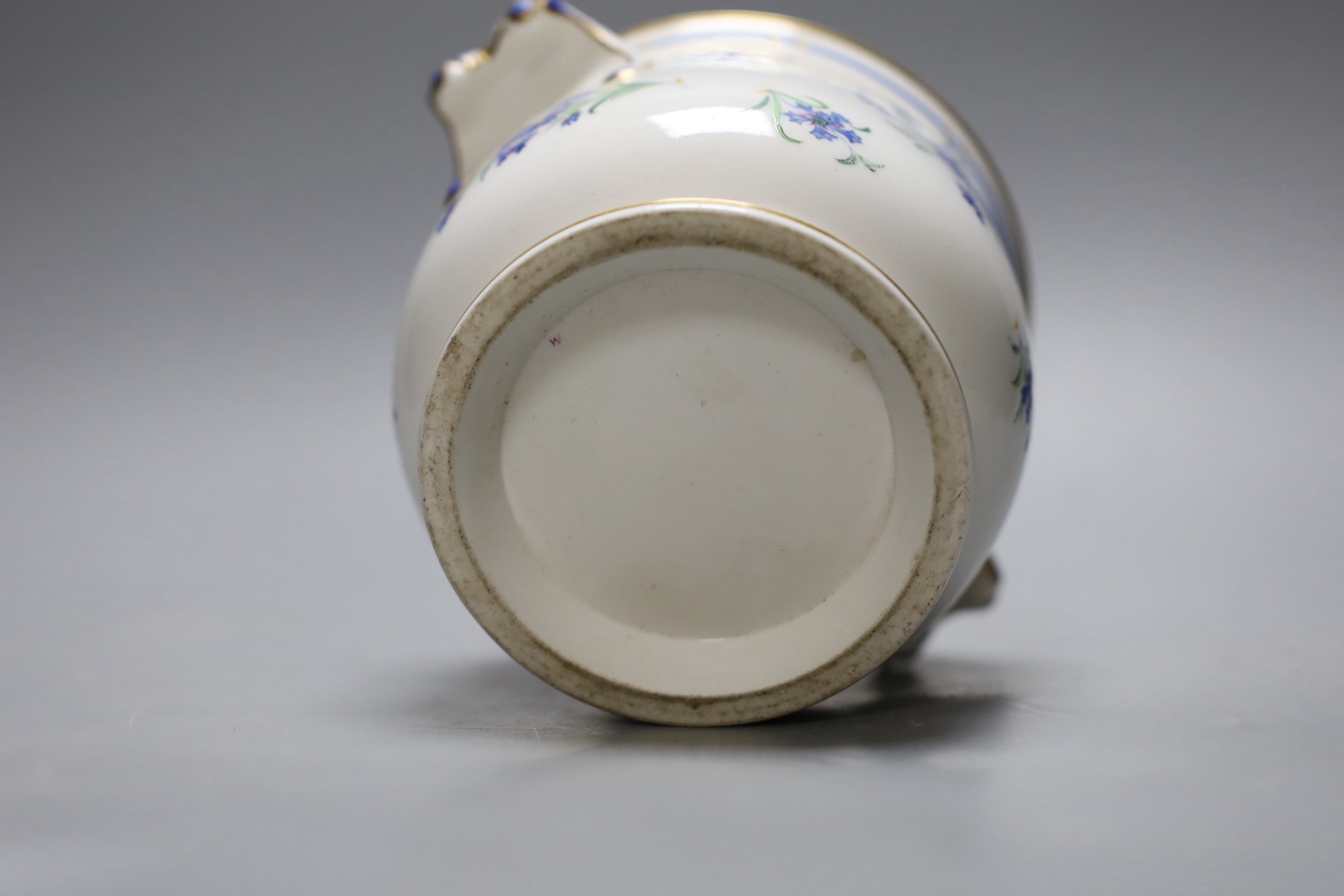 An early 19th century Paris porcelain cache pot or glass cooler with two handles painted with corrnflowers, 9.5 cms high